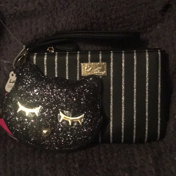 ⚜️Betsey Johnson Black Glitter Cat Wristlet Set! NWT! - Picture 1 of 6